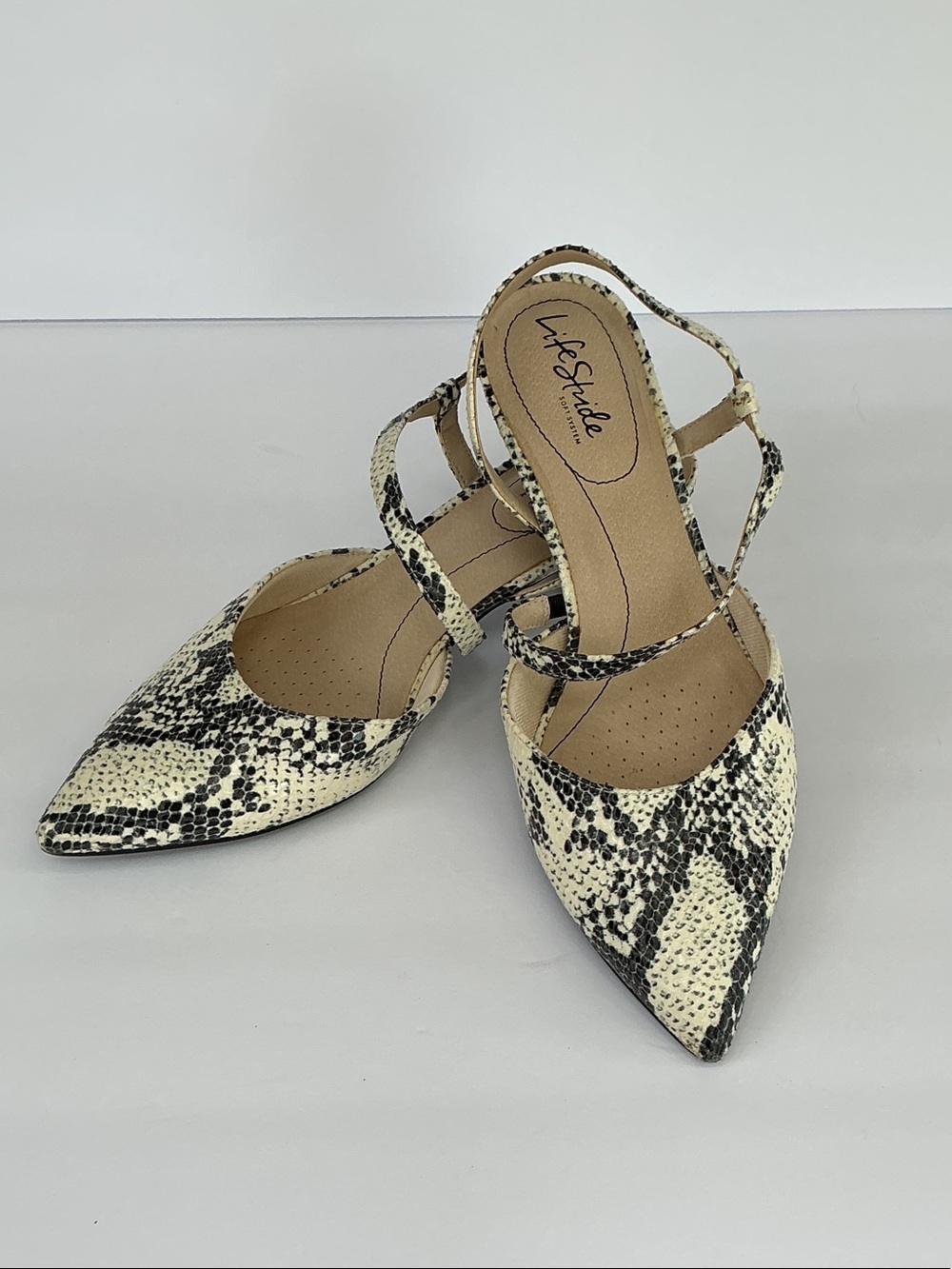 Life Stride Cream and Black Snake-Print Pointed Slingbacks